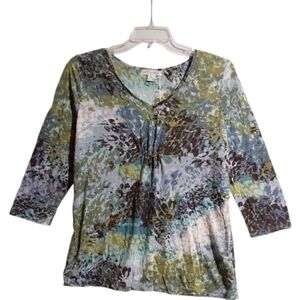 Abstract Floral V-Neck 3/4 Sleeve Top - Brown Green Multi Grannycore Dark grunge